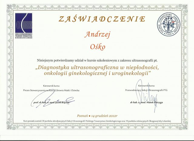 Andrzej Ośko - Certyfikaty